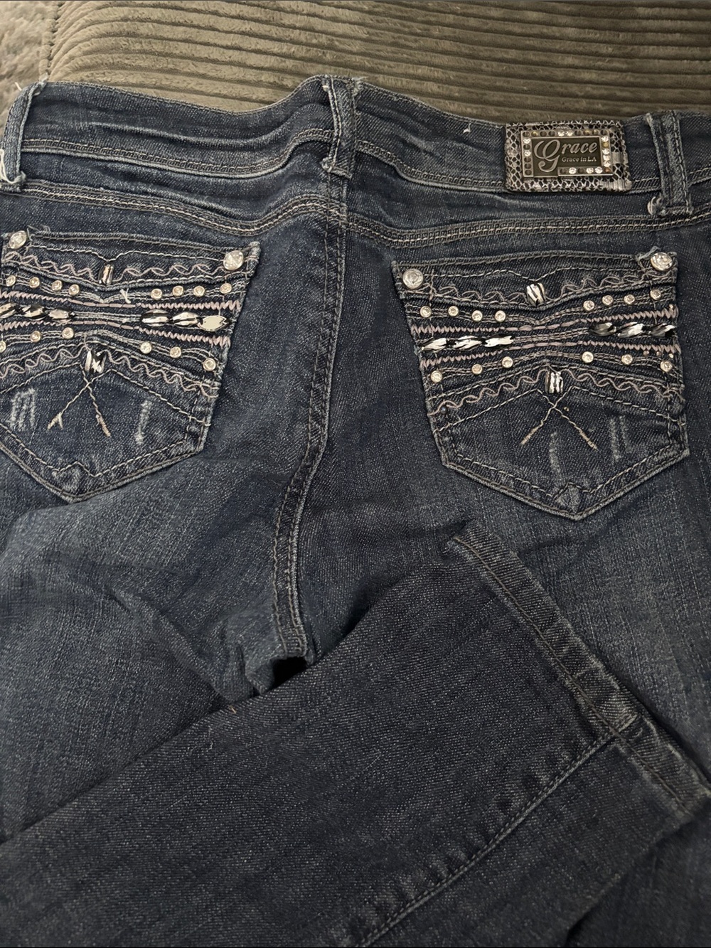 Grace in LA Dark Blue Embellished Back-Pocket Bootcut Jeans